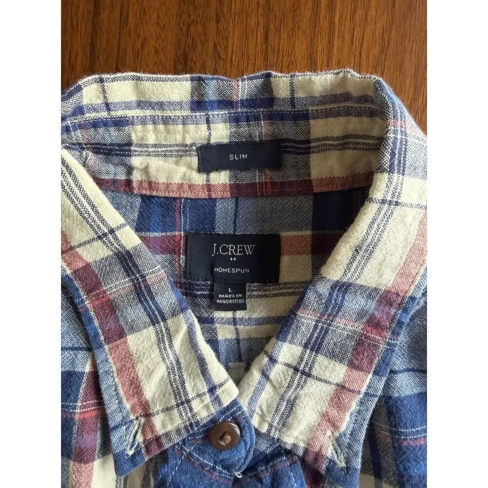 J.Crew Men's Homespun Slim Fit Blue Plaid Button-Down - Size L